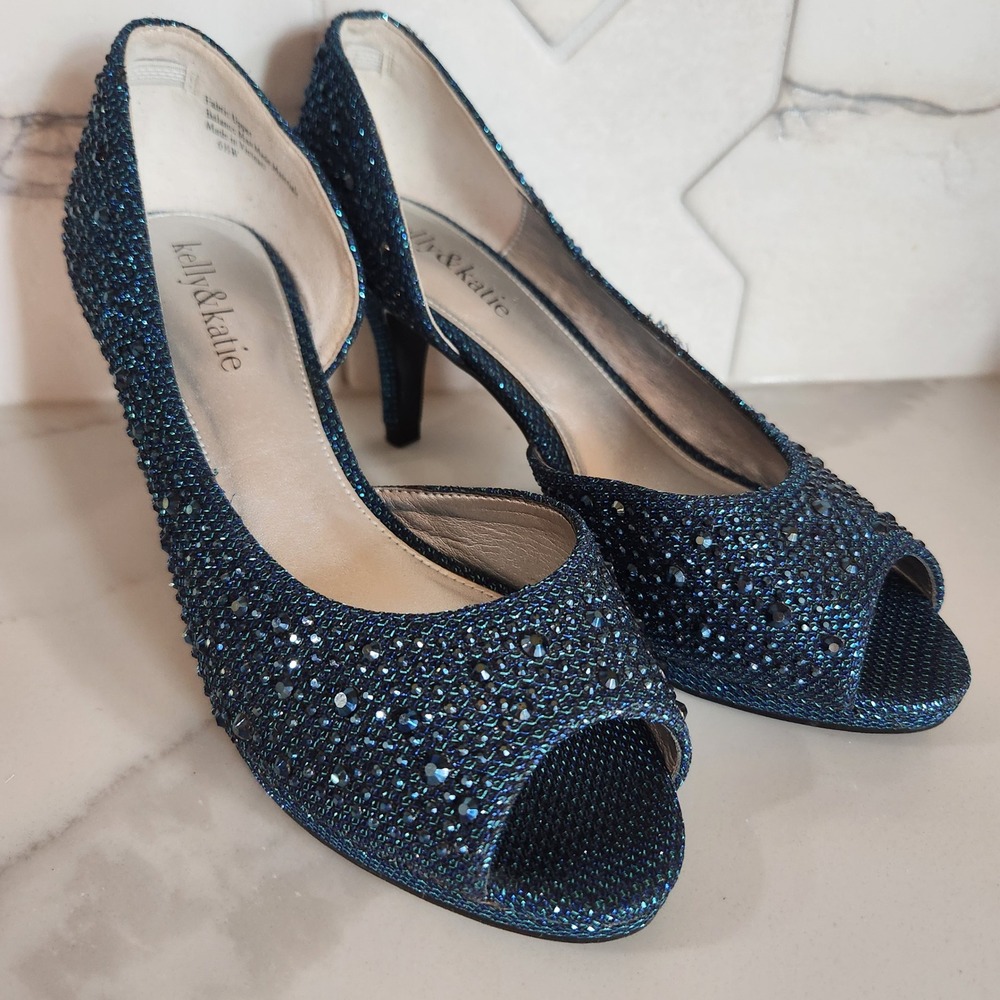 Kelly & Katie Teal Rhinestone Peep Toe Kitten Heel Pumps 6.5W‎ wedding prom